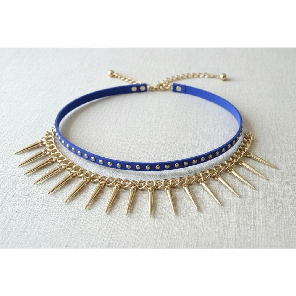 Carisma Gold‎ Tone Spike + Blue Suede & Gold Stud Choker 2 Piece Necklace Set